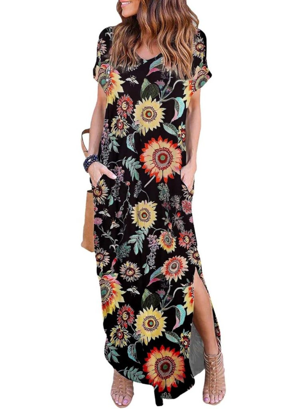 Women's Sunflower Summer Maxi Long Dress Casual Loose Short Sleeve Split Pockets